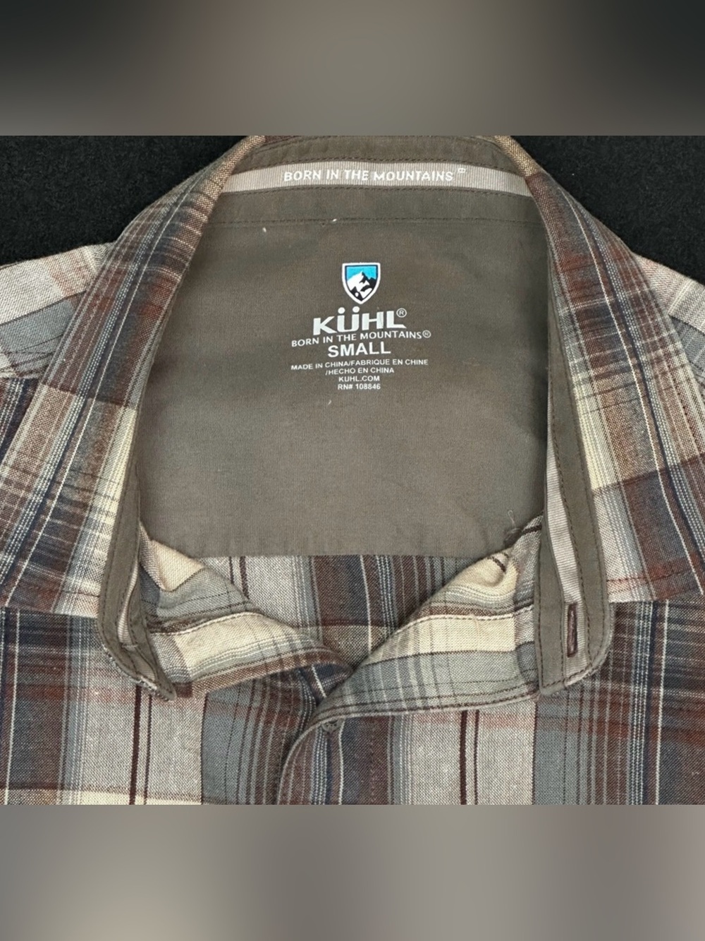 Kuhl Short Sleeve Plaid Button-Up Shirt in Brown, Gray and Blue